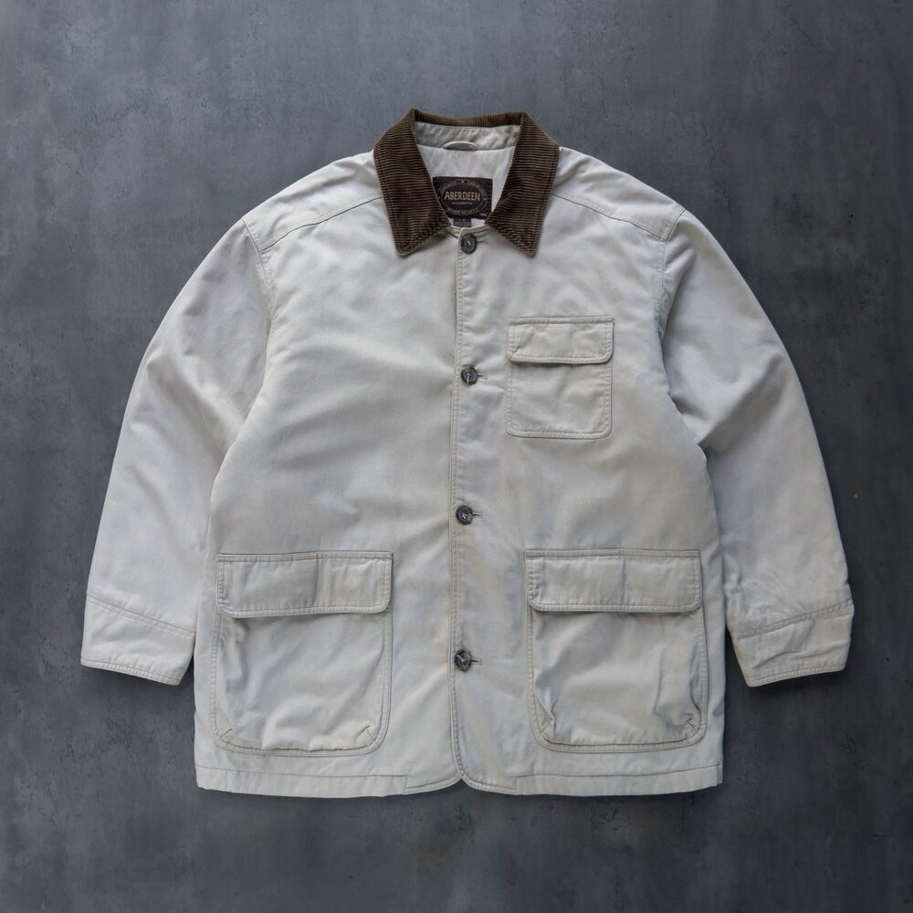 Vintage Y2K Aberdeen Barn Coat Chore Canvas Jacket Corduroy Collar L Cream Lined